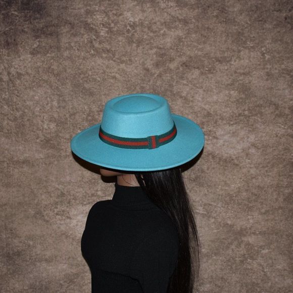 Turquoise Large Wide Brim Fedora Hat - Picture 7 of 8